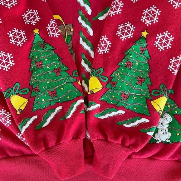 VTG Christmas Sweatshirt Cat Mouse Holiday Time Puffy Graphic Crewneck Med Red - Picture 4 of 11